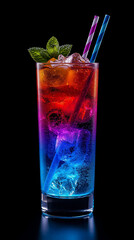 AI image of a stunning layered cocktail in a tall highball glass set against a deep black background