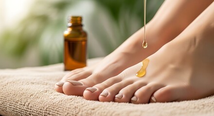 Closeup of a persons feet receiving a massage with essential oil being dripped onto the skin