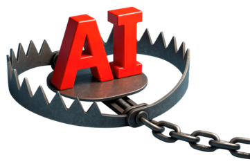 Red AI Letters Trapped in a Metal Bear Trap with Chain on White Background artificial intelligence danger isolated on a transparent background