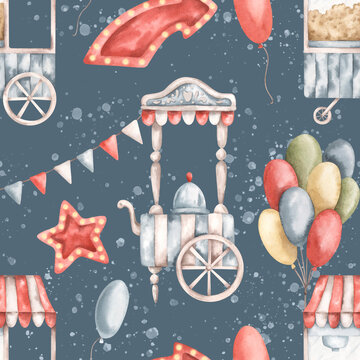 Amusement park. Watercolor hand-drawn seamless pattern with popcorn cart, cotton candy cart, bunch of colorful balloons, flads and star. Cute drawings print for kids on blue background with splashes