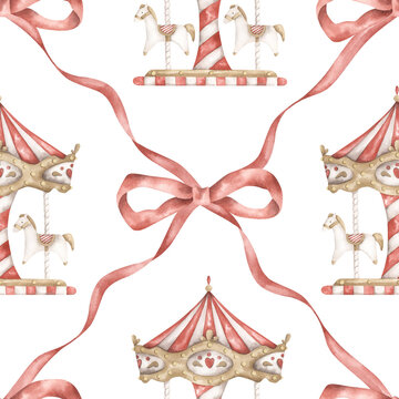Amusement park. Watercolor hand-drawn charming seamless pattern with merry go round, red wavy ribbon and bows. Whimsical drawings print.