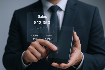 Businessman analyzing sales data on a transparent smartphone screen, showcasing financial growth and insights.
