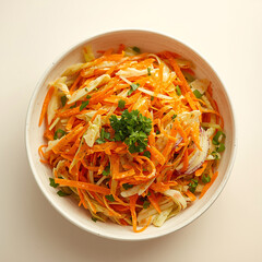 AI image of a freshly shredded carrot and crisp cabbage salad mixed with chopped curly parsley 