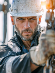 Obraz premium Focused experienced male construction worker in protective gear handling heavy chains while working outdoors at an industrial site with determination and precision