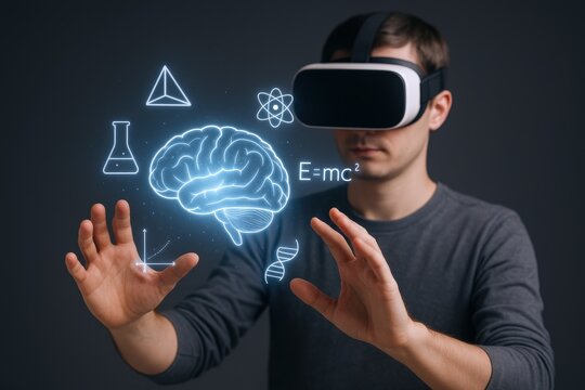 Immersive VR Experience: Man Interacting with Virtual Reality Interface Displaying Scientific Concepts and Futuristic Technology