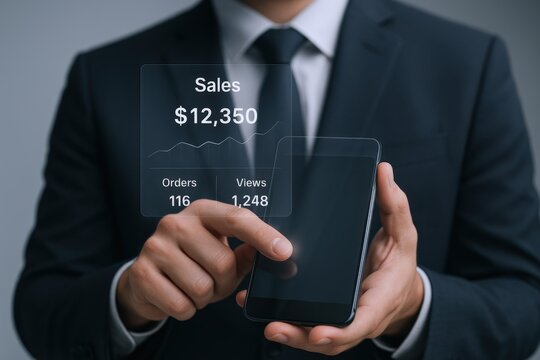 Businessman analyzing sales data on a transparent smartphone screen, showcasing financial growth and insights.