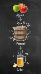 AI image of a educational flow diagram on a dark chalkboard background showing the process of making Cider 