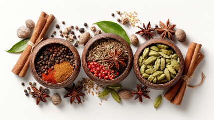 Aromatic spices collection with cinnamon sticks, star anise, cardamom pods, black pepper, turmeric powder, and nutmeg arranged in wooden bowls on white background. Culinary ingredients