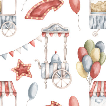 Amusement park. Watercolor hand-drawn seamless pattern with popcorn cart, cotton candy cart, bunch of colorful balloons, flads and star. Cute drawings print for kids on white background