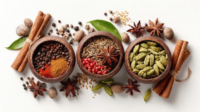 Aromatic spices collection with cinnamon sticks, star anise, cardamom pods, black pepper, turmeric powder, and nutmeg arranged in wooden bowls on white background. Culinary ingredients