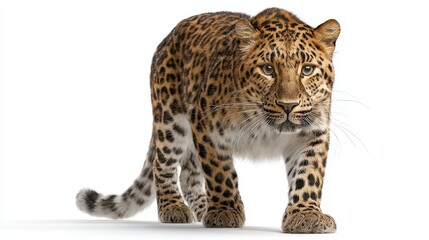 Obraz premium Amur leopard standing in alert pose on white background, showcasing distinctive rosette pattern fur, powerful muscular build, and intense amber eyes with direct forward gaze