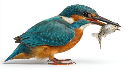 Fototapeta premium Common kingfisher bird holding small fish in orange beak, displaying brilliant turquoise blue and orange plumage, perched on white background in hunting success moment