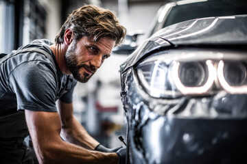 Skilled mechanic inspecting a car in a modern garage