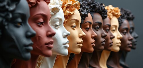 Illustration presents diverse women profiles in row showing different skin tones. Represents concepts of equality diversity inclusion race. Image promotes unity among cultures celebrating