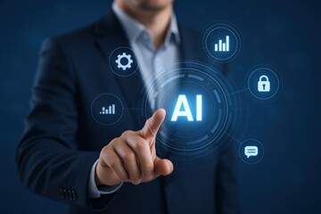 Artificial Intelligence Implementation: Businessman Activating Future Technology Interface, Depicting AI, Machine Learning and Automation