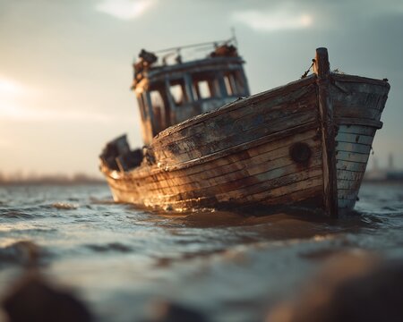 Vintage weathered wooden fishing boat decor rustic nautical shipwreck art piece coastal home accent display