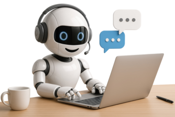 Robot wearing headphones and headset typing on a laptop with chat bubbles artificial intelligence technology isolated on a transparent background