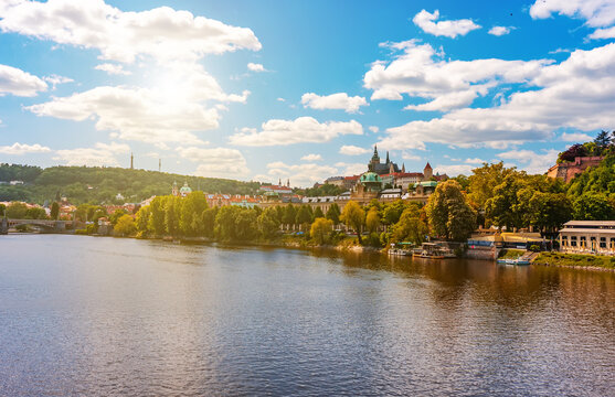 Golden sunset view of Prague Castle.