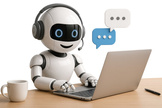 Robot wearing headphones and headset typing on a laptop with chat bubbles artificial intelligence technology isolated on a transparent background