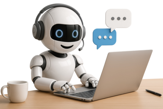 Robot wearing headphones and headset typing on a laptop with chat bubbles artificial intelligence technology isolated on a transparent background - Powered by Adobe