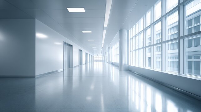 Bright modern interior corridor with large windows and shiny floor for office or commercial space