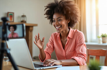 Smiling afro american woman communicates via video call on laptop. Female blogger streams online. Content creator records video for vlog. Young woman studies remotely at home using smartphone on