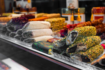 Rolled turkish delight filled with pistachios.