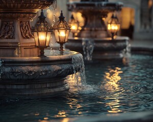 Decorative outdoor fountain with vintage lamps and cascading water feature for garden or patio decor