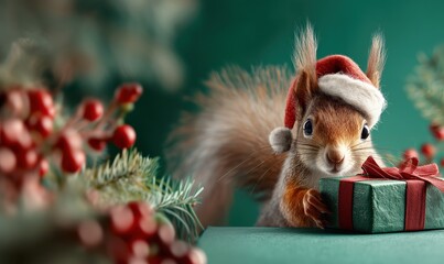 Niedliches Eichh&ouml;rnchen mit Weihnachtsm&uuml;tze und Geschenk