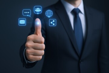 Professional Man Gesturing Thumbs Up with Digital Icons, Representing Approval of Social Media and Online Communications
