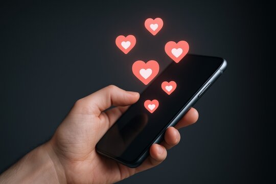 Mobile Engagement: A Hand Holding a Smartphone with Floating Heart Icons on a Dark Background