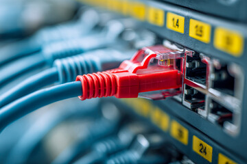 Ethernet cables plugged into a network switch with a focus on a red connector highlighting data communication and network infrastructure components in a data center envir