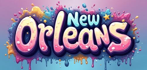 Vibrant graffiti art spelling New Orleans with colorful paint splashes and dripping effect. Bubble letters in pink yellow and blue create a fun urban graphic style for city promotion.