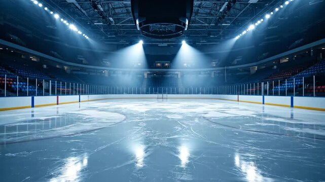 Empty Ice Hockey Rink Arena Before Event in Winter Evening