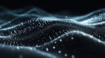 Abstract data landscape visualization with glowing particles and flowing waves, perfect for tech or science presentations