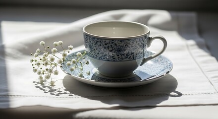Fototapeta premium A delicate teacup and saucer with a sprig of babys breath on a white linen cloth, bathed in soft sunlight
