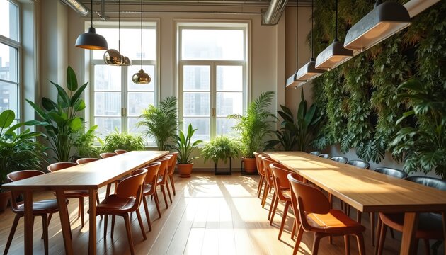 Workspace interior with green plants, communal table. Long tables, chairs stand in eco office. Concept of coworking space or boardroom with nature, big windows. Business room is illuminated by lamps.