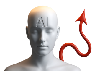 Sculpture of a human head with AI carved on forehead and a red devil tail artificial intelligence isolated on a transparent background