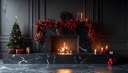 A luxurious Christmas interior featuring a black marble fireplace, red garland accents, and dim moody lighting for an elegant festive atmosphere