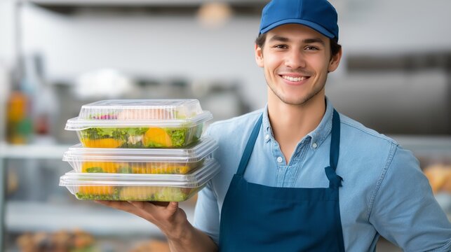 A cheerful cafe worker in a blue apron holds multiple containers of fresh meals while standing in a bright, bustling cafe. The atmosphere feels warm and welcoming as customers enjoy their lunches