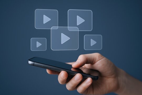 Hand Holding Smartphone with Play Icons: Streaming Media, Digital Content, and Mobile Entertainment Concept