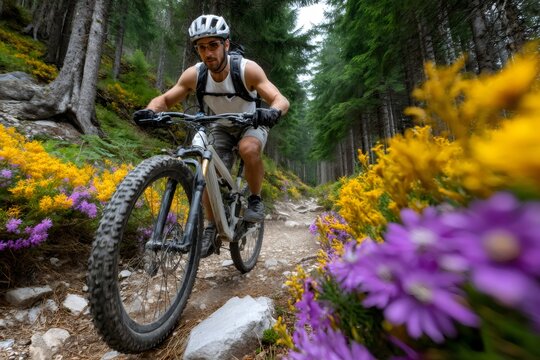 Man mountain biking on trail through colorful forest wildflowers
