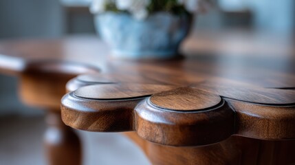 Obraz premium Close-up of ornately carved wooden table edge in sunlit room with floral vase