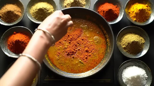 Cooking curry with spices in a kitchen.
