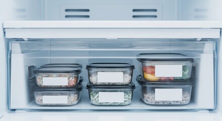 Organized Refrigerator with Food Containers and Labels.