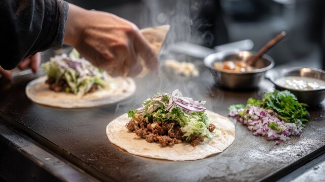 Street food preparation: delicious tacos being made with fresh ingredients - Powered by Adobe