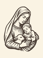 Madonna with child and lamb vintage engraving vector illustration