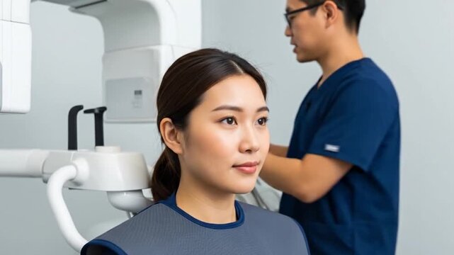 Close-up Asian woman wearing a dark blue protective bib for a dental x-ray Behind her young East Asian man presumably a dentist or technician