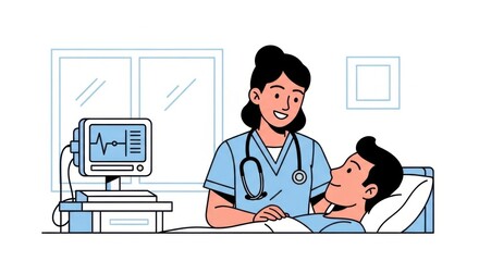 Nurse Caring for Patient in Hospital Room with Medical Equipment