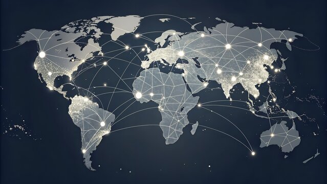 It shows a world map with glowing cities connected by